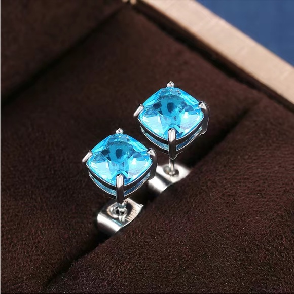 Jewelry - Aqua Colored Square Studs - 925 Silver Plated